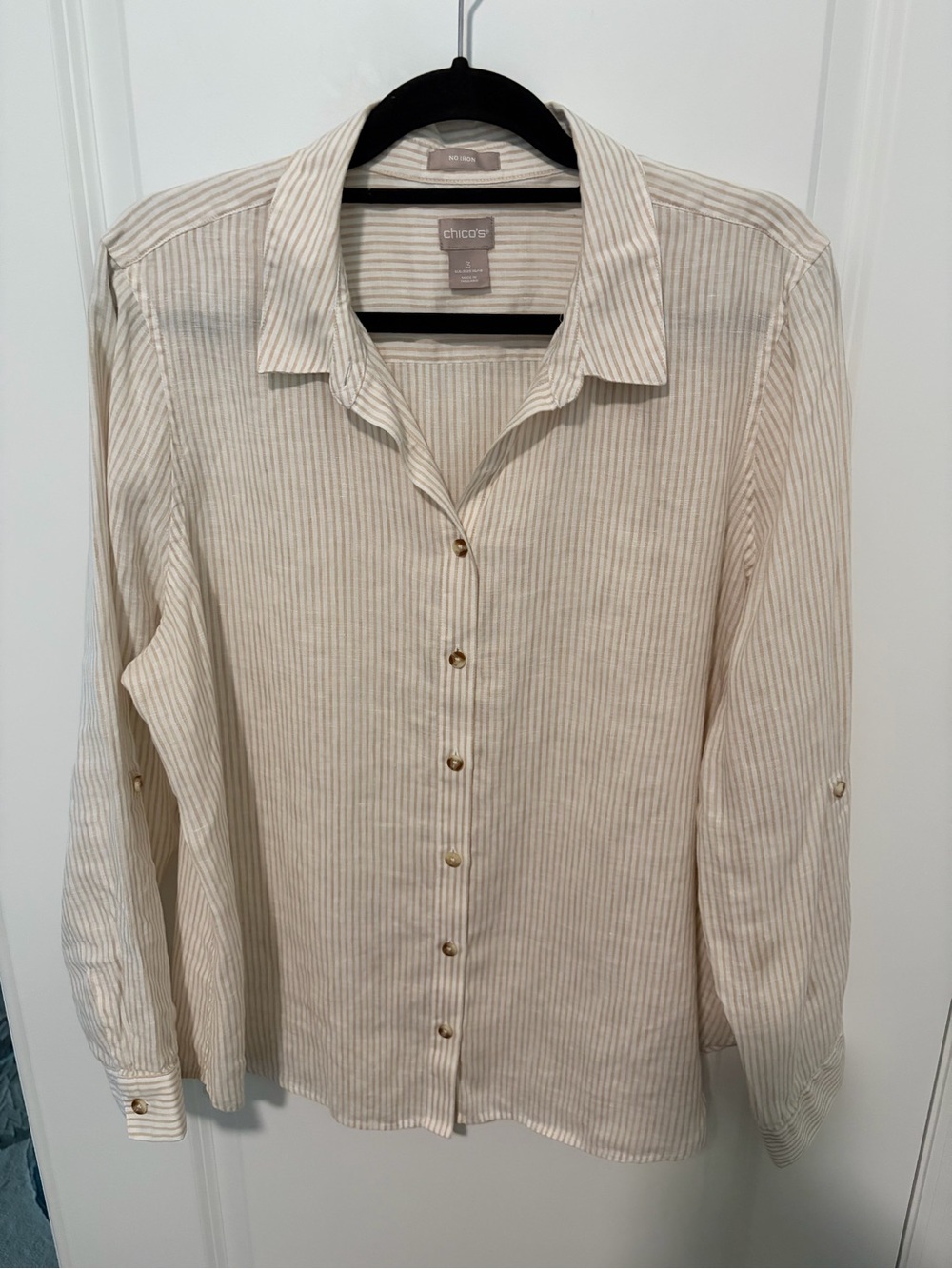 Chico's Beige & Cream Striped Button-Front Shirt